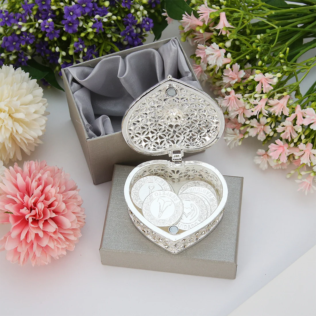 13pcs Spanish Arras Para Boda Unity Coins For Wedding Set With Heart Gift Box Ceremony Bride Favors Jewelry