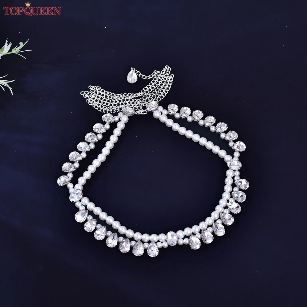 TOPQUEEN Rhinestone Faux Pearl Waist Chain Party Women's Body Chain Adjustable Extension Chain Wedding Belt S225