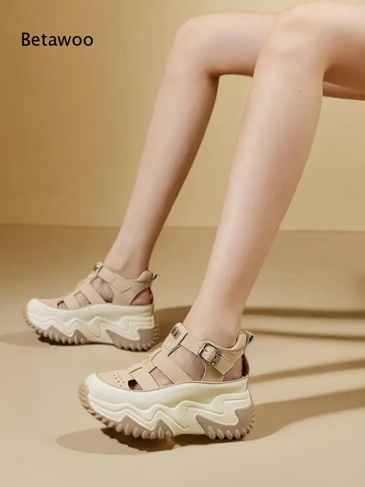 Ladies White Leather Hollow Out Platform Sandals Wave Non-Slip Serrated Outsole Back Buckle Casual Walking Sandals