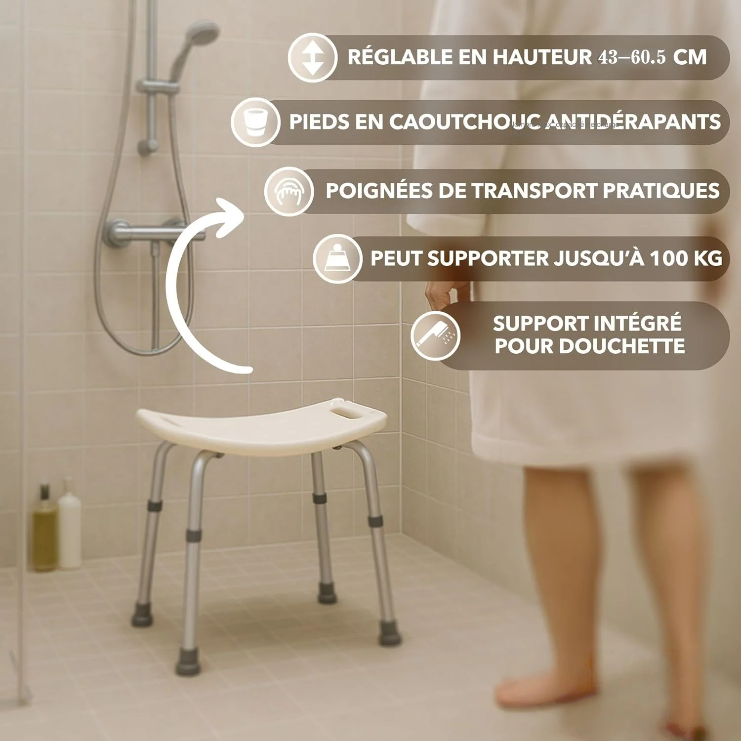 Fotografia 6: Cadeira de banheiro com altura ajustável, banco de chuveiro, banco de chuveiro até 1 kg, branco