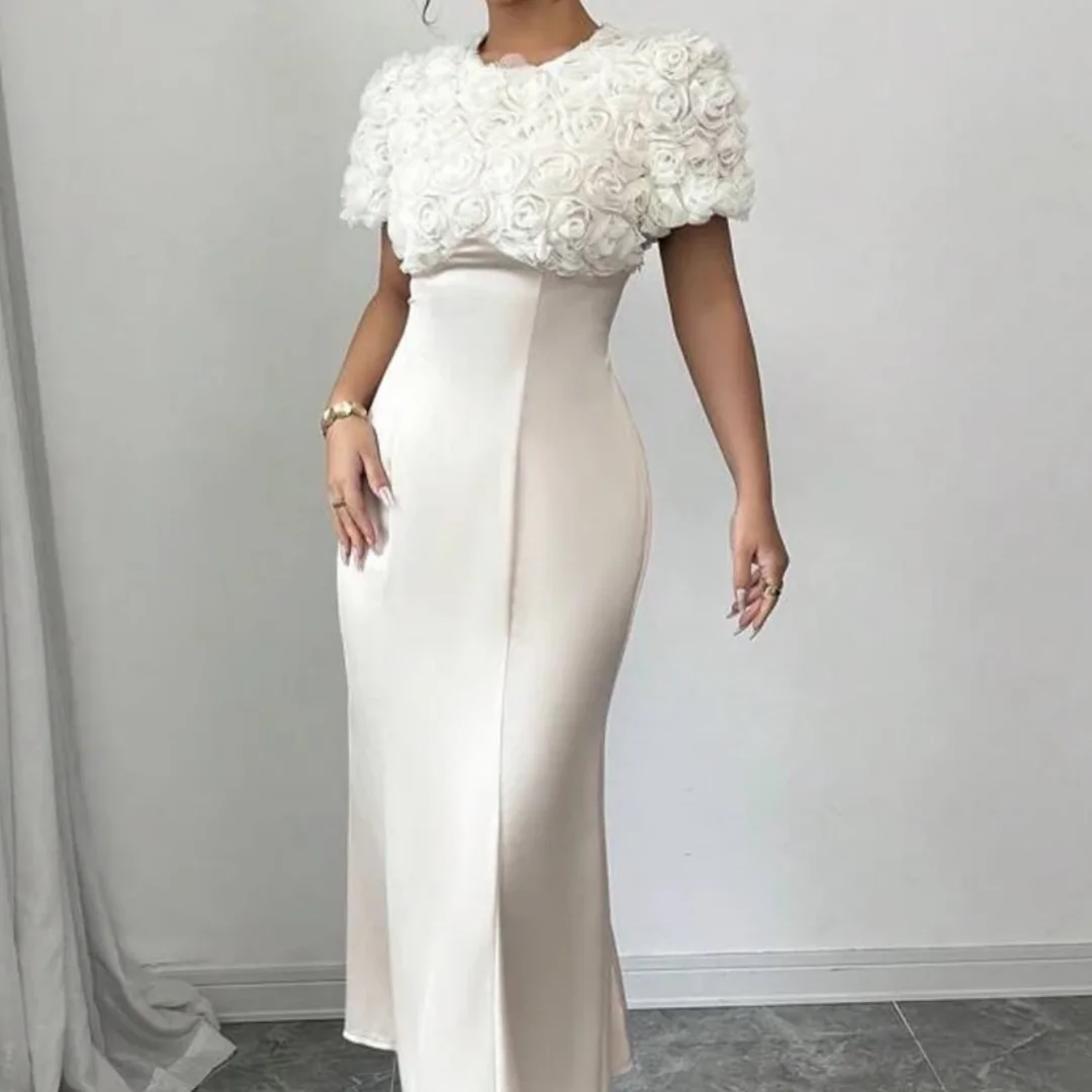 

Простое вечернее платье из джерси с круглым вырезом и белым цветком, платье для выпускного вечера длиной до щиколотки для женщин, вечернее платье русалки с короткими рукавами по индивидуальному заказу