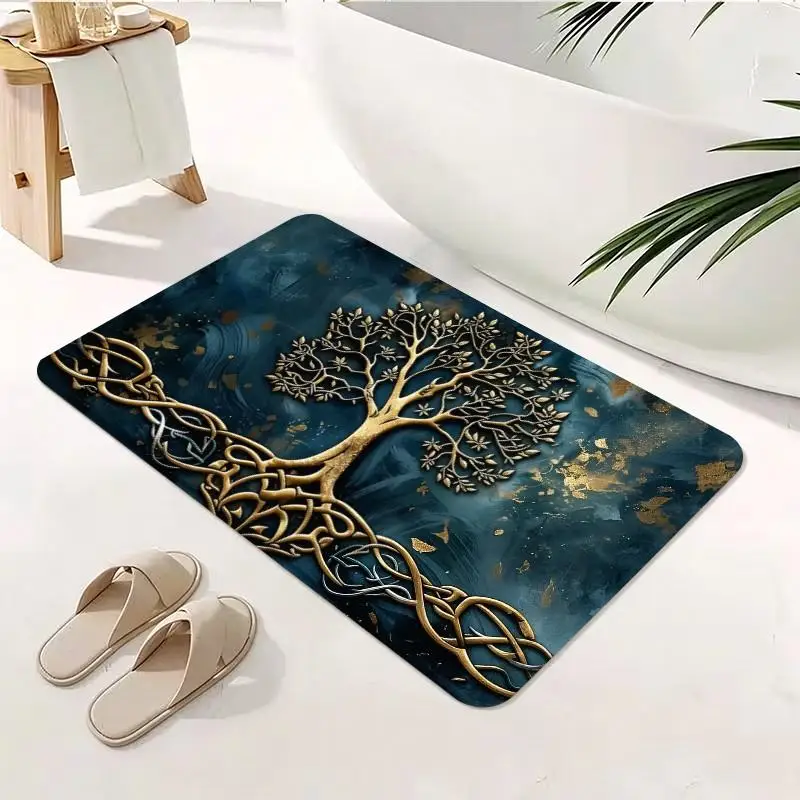 1 Piece Gold Celtic Tree of Life Abstract Design Door Mat, Soft Comfortable All-Season, lightweight and Easy to Maintain, Ideal for Entryway, Bathroom, balcony, Laundry Area, Indoor and Outdoor Spaces