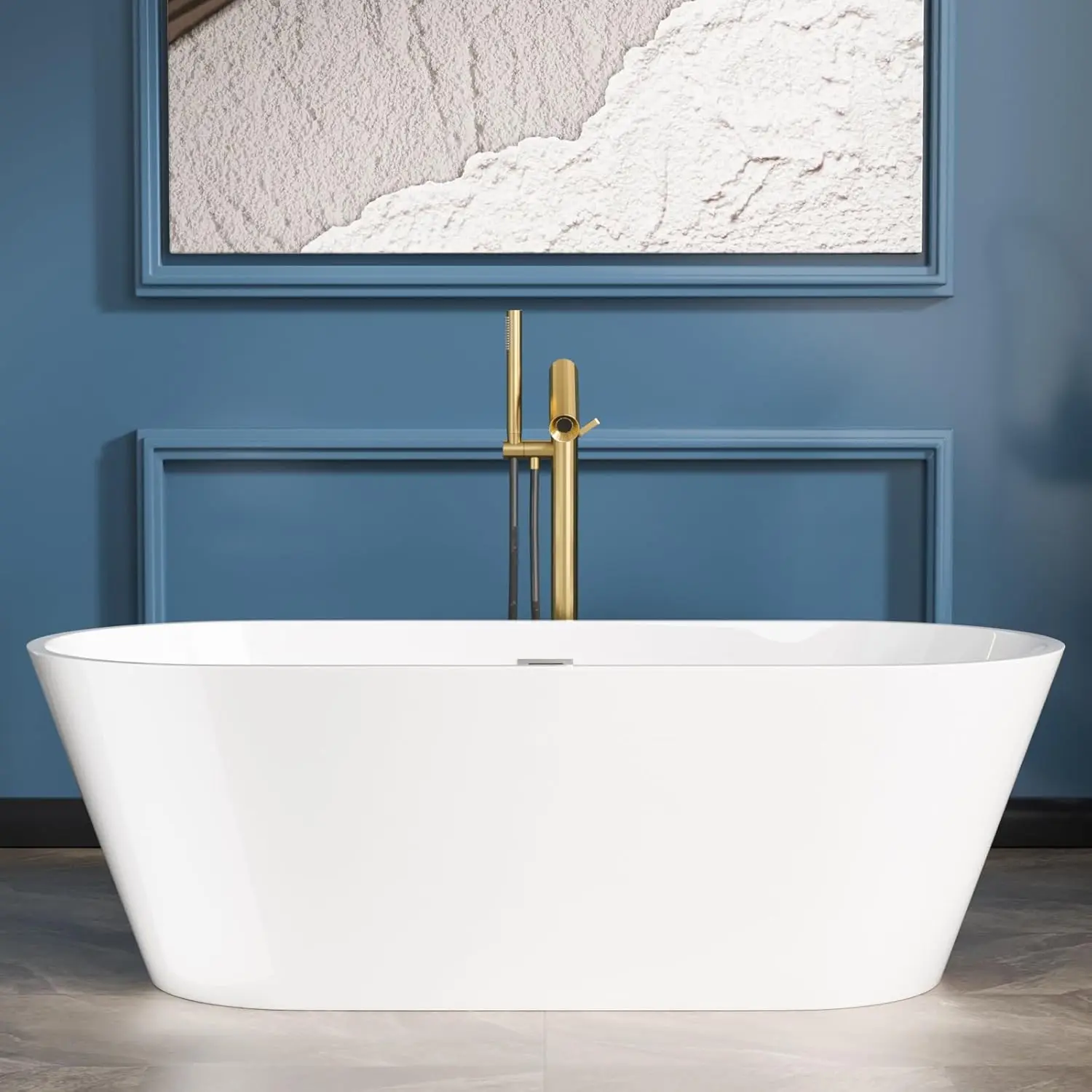 

67 Inch Acrylic Freestanding Soaking Bathtub Contemporary Soaking White Tub Stand Alone Ergonomic Bathtub with Black Drain