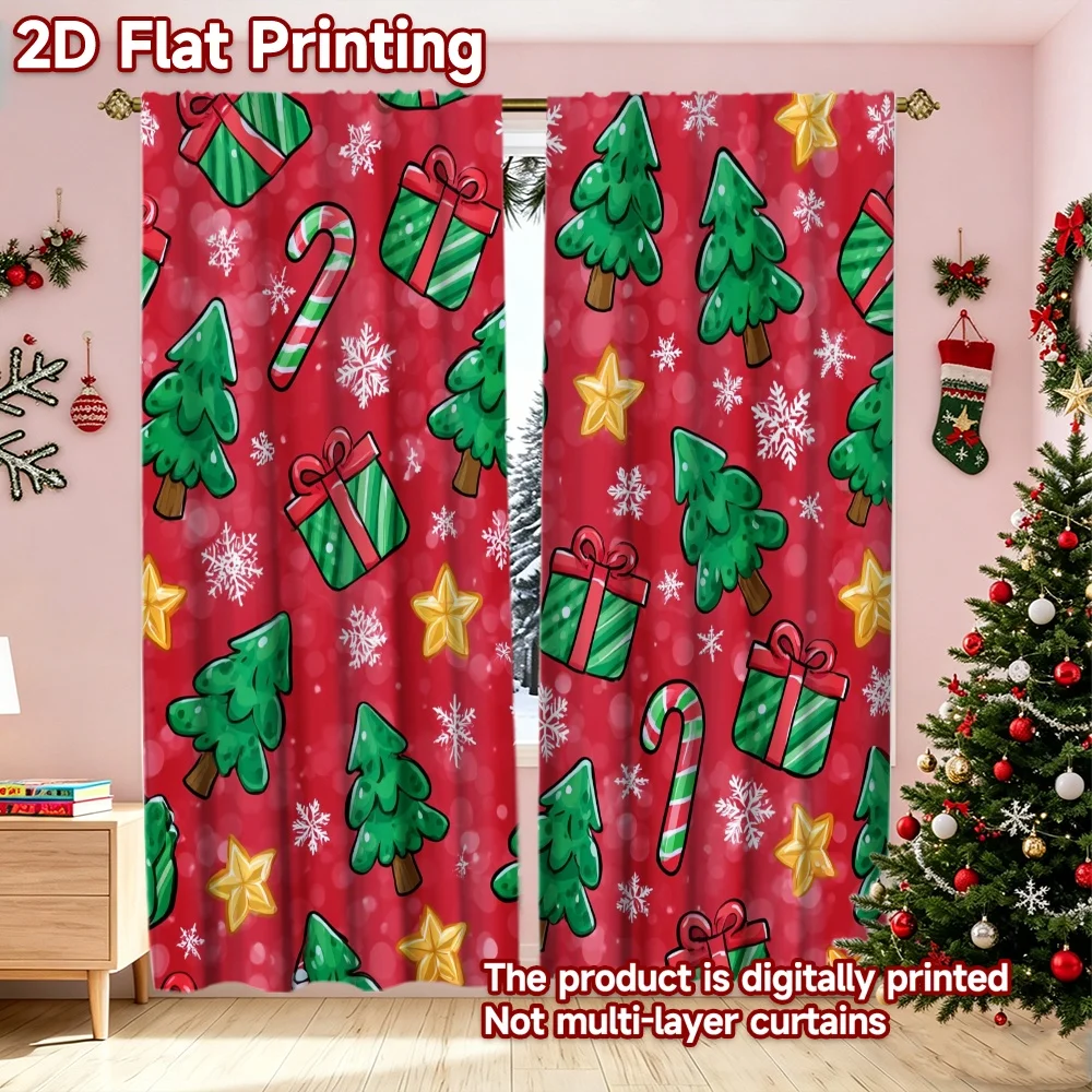 2D flat printing 2pcs Stylish Christmas Curtains Christmas Trees and Candy Digitally printed polyester, durable Birthday Party