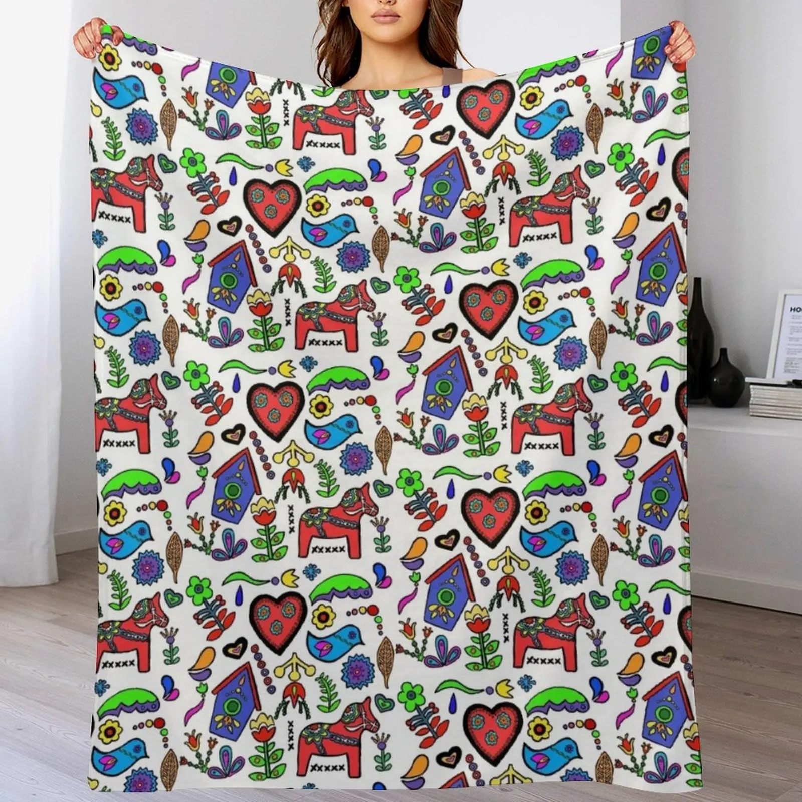 Swedish Folk Art Throw Blanket Elegant Warm Throw Blanket for Hotel Home