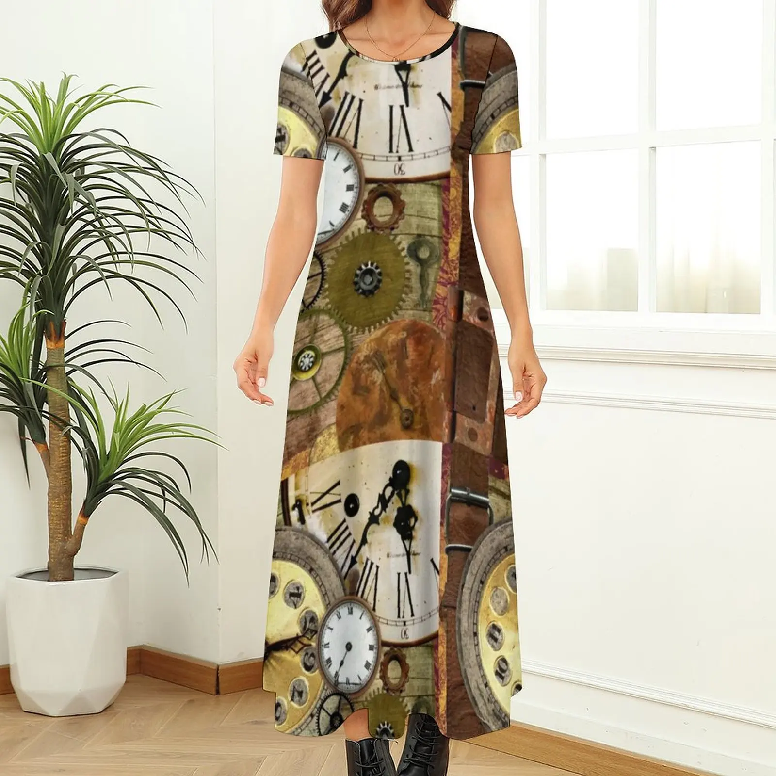 التروس Steampunk فستان البخار الشرير الرقبة التمساح ساعة الجمالية بوهو شاطئ فساتين طويلة النساء فستان ماكسي للحفلات هدية