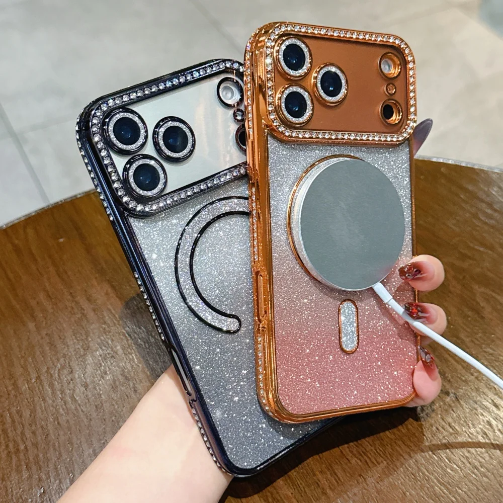럭셔리 마그네틱 맥세이프 글리터 폰 케이스 아이폰 17 16 15 14 13 12 11 프로 맥스 에어 16 15 플러스 16e 클리어 도금 TPU 커버