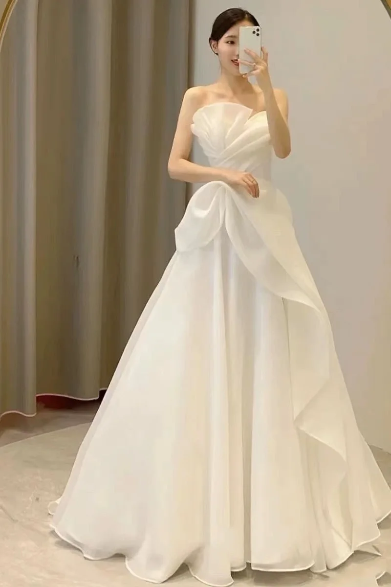 Strapless Wedding Dress 2023 New Simple Summer Silky Organza Bridal Dress Pregnant Women Vestido De Noiva Plus Size Made Custom