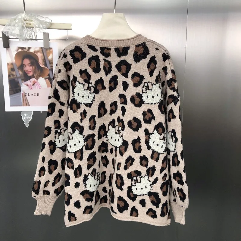 Style coréen rétro léopard Jacquard élégant tricots couleur-bloc col rond jeune pull ample Cardigan avec sac pour les femmes