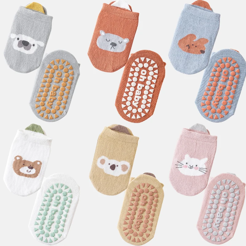 3/6 Pairs Kids Cotton Socks Sets for Baby Boys Girls Non-slip Cute Cartoon Animal Patterned Comfy Breathable Baby Floor Socks