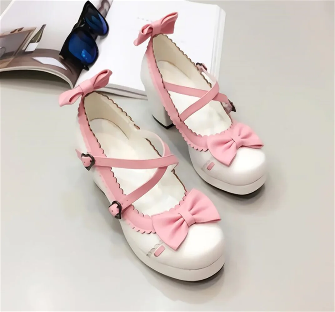 

Lolita Thick Middle Heel 3 Color Bowknot Princess Shoes PU Lovely Loli Round Head Women Shoes Cos Kawaii Girl Tea Party Shoes