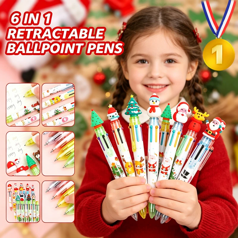 

New 1Pc Cute Christmas Ballpoint Pen Press Cartoon Reindeer Grandfather Multicolor 6 In 1 Colors Stationery School Office Supply