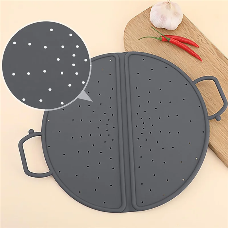 

A74E-Foldable Steamer Basket With Handles In 12 Inches, Gray Silicone, Double-Sided Design For Wok And Pan Compatible