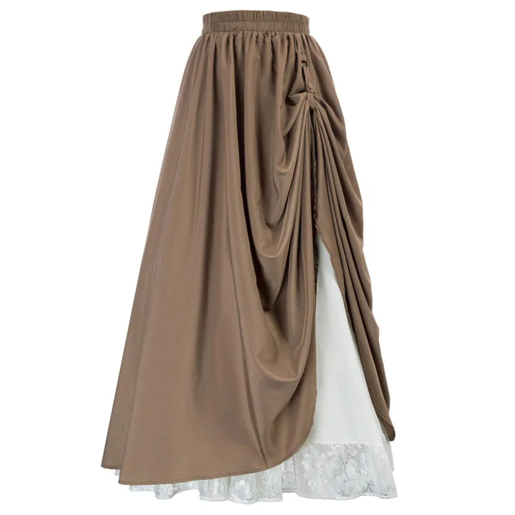 Victorian Era Double Layer Lace Trim Long Skirt Women's Vintage Style Pleated Gown Button Detail Polyester Fabric Long Dress