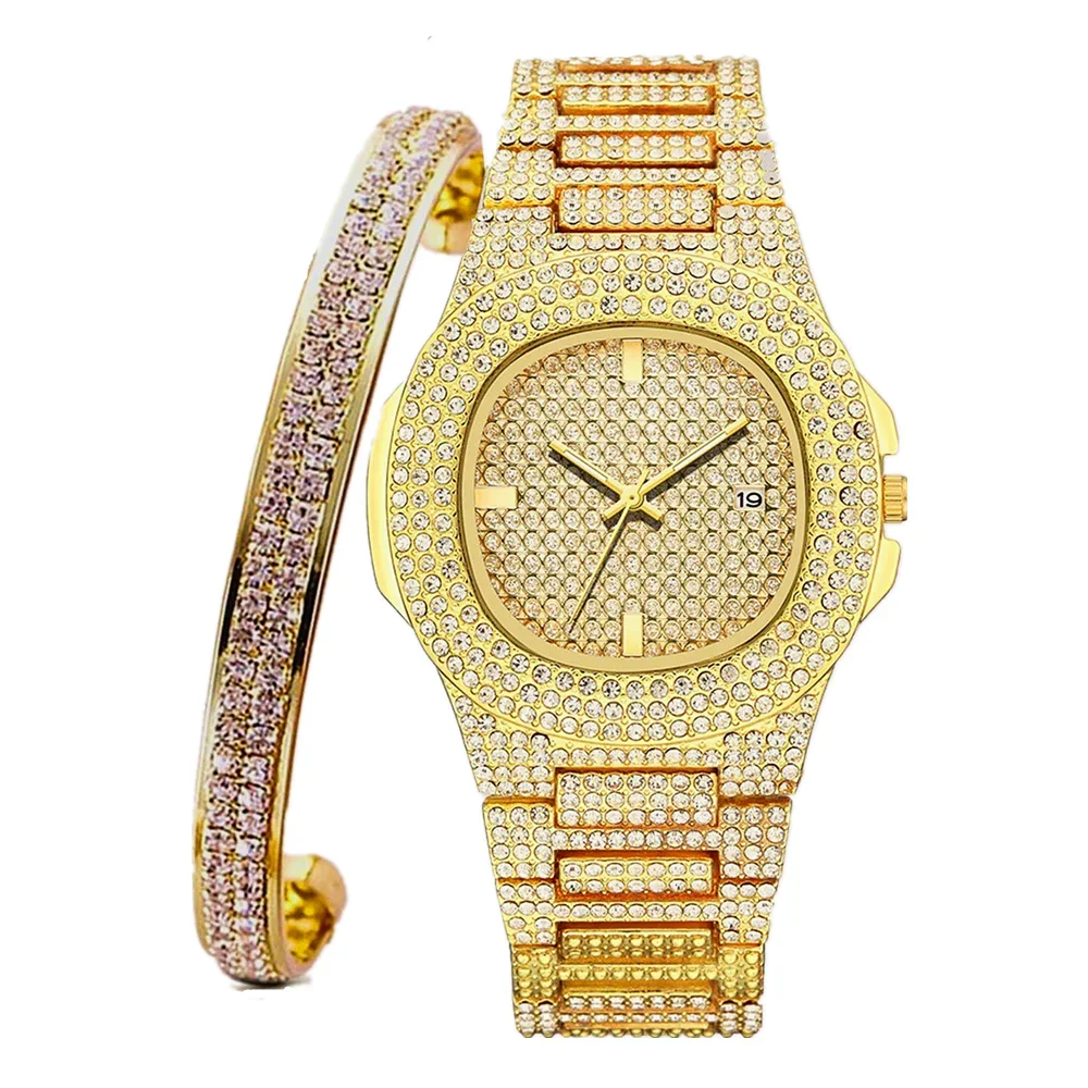 

Часы + браслет для женщин Bling Miami Браслет Iced Out Часы Женские часы в стиле хип-хоп Роскошный золотой комплект часов Женский комплект ювелирных изделий Подарки
