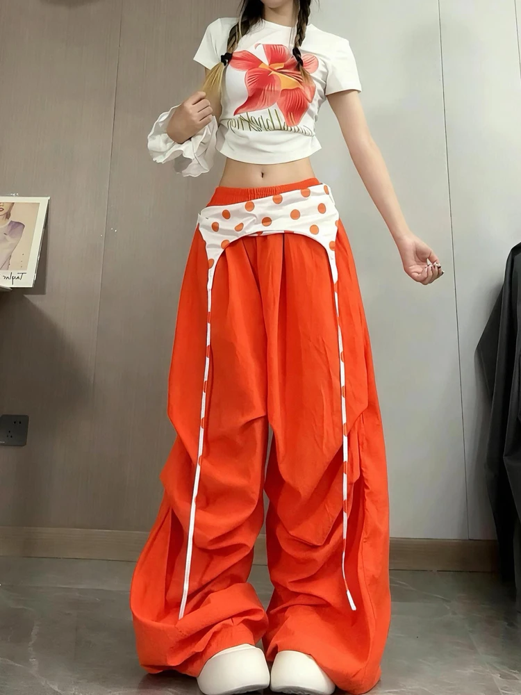 

Summer Casual Loose Polka Dot Wide Leg Pants Women's Folded Design Sense Curtain Pants High Waist Elastic Straight Tube Trousers