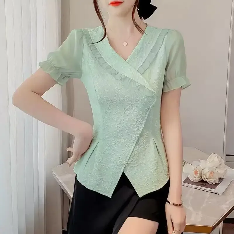 Women French Textured Chic Elegant White Green Shirts Summer Fashion Ruffles V-neck Short Sleeve Blouses Slim Asymmetrical Tops