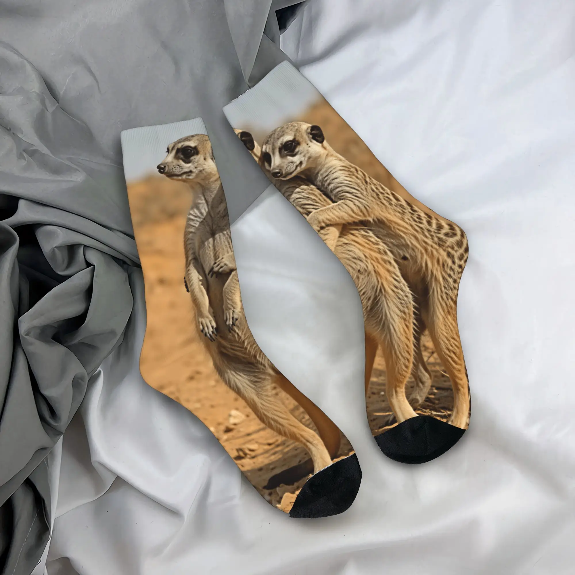 Two Meerkats Standing And Hugging Desert Scene Print Stockings  Korean Socks Men's Medium Soft Socks Winter Non Slip Socks Gift