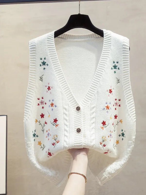 

Retro Embroidered Flower Knitted Vest Women's Sweet Design Cotton Thread Knitted Sweater V-neck Loose Fit Spring Fashion