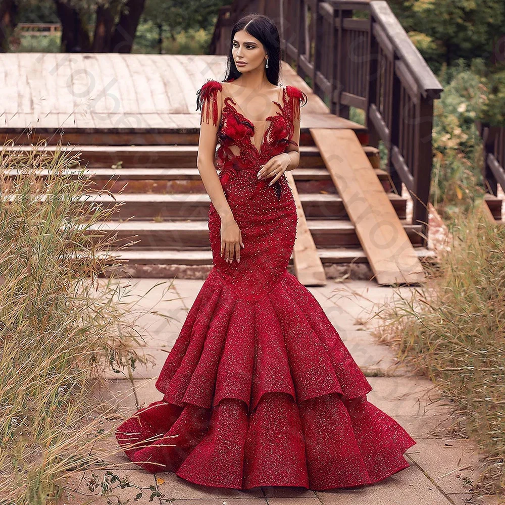 Robe de Soirée Rouge Élégante Personnalisée, Sirène à Paillettes, Tenue de Bal, Quelle que soit la Mancherons, Encolure en V, pour Invité de Mariage, Jupe à Niveaux