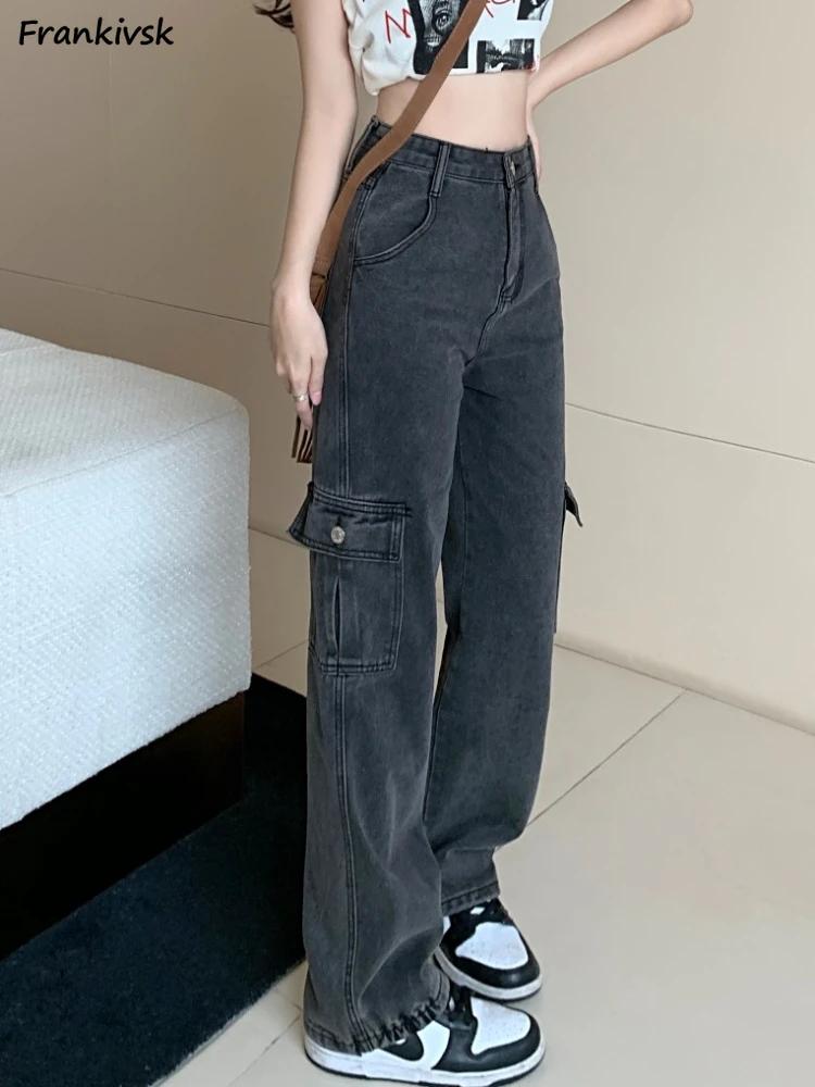 

Women Jeans Korean Safari Style Pockets High Waist Do Old Mopping Cozy Stretchy Leisure Daily Spicy Girls Aesthetic Pantalones