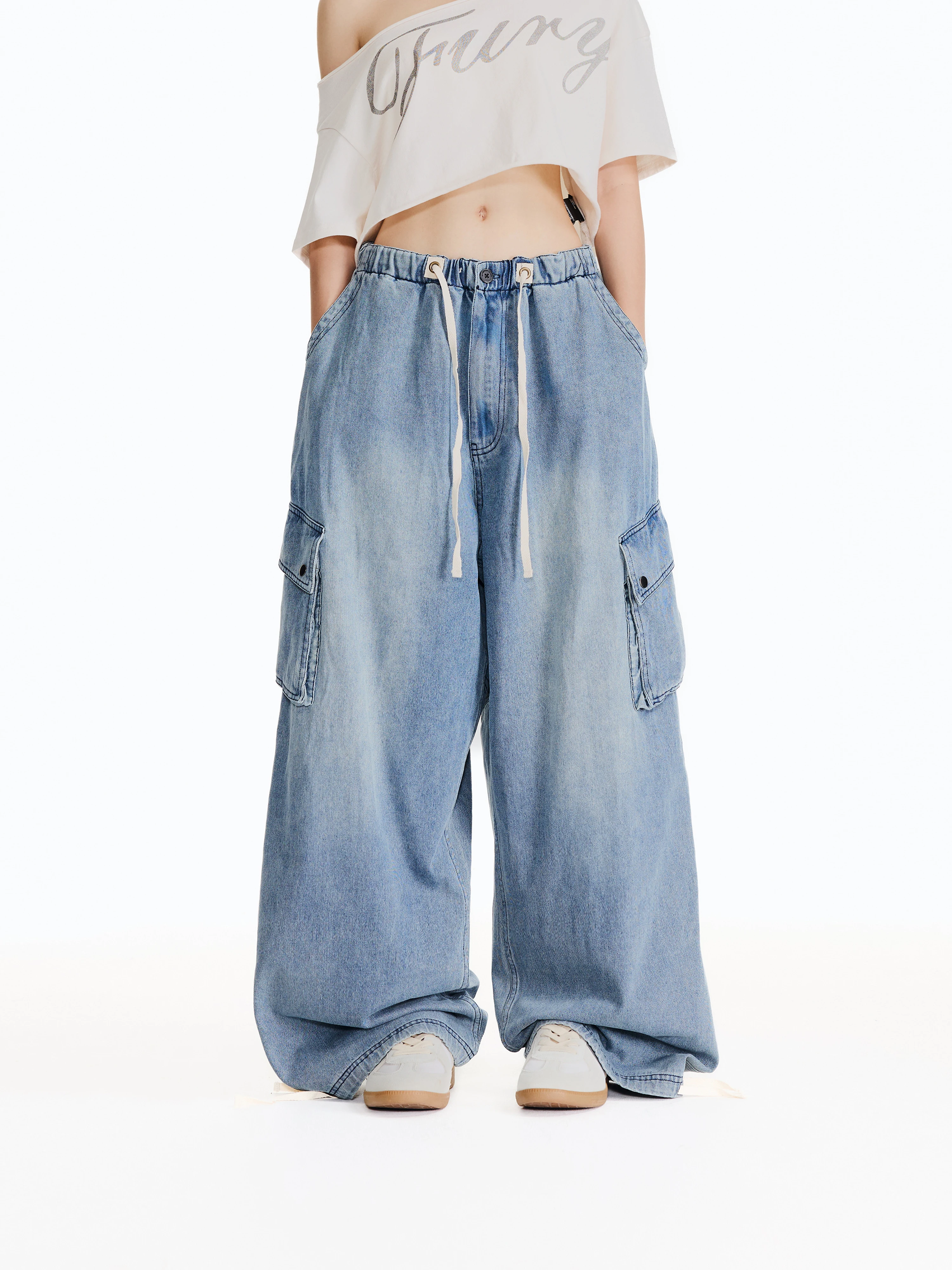 High Waist Straight Leg Jeans Women's Loose Wide Leg Pants Jazz Street Dance Style Multiple Pockets Water Wash Cotton Denim