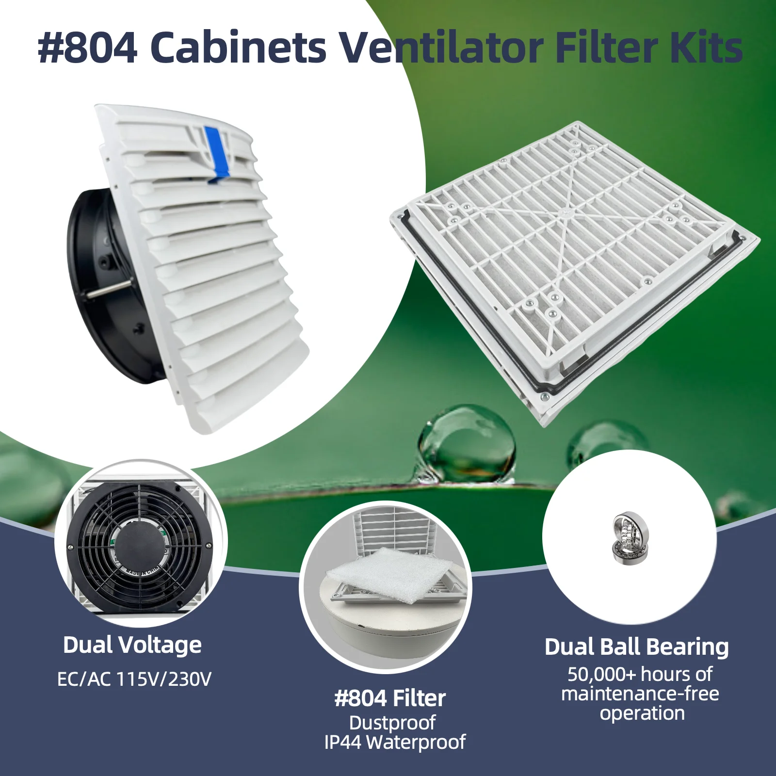 804 IP44 換気フィルター キット (172mm 12V 24V 115-230V AC 付き) |   キャビネットエンクロージャケース用の防塵・防滴冷却