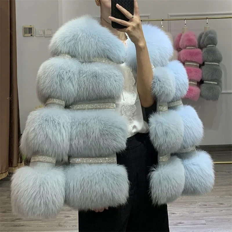 2024 New Fashion Real Fur Coat Winter Jacket Women Natural Fox Fur Diamonds Thick Warm Outerwear Streetwear Luxury Brand