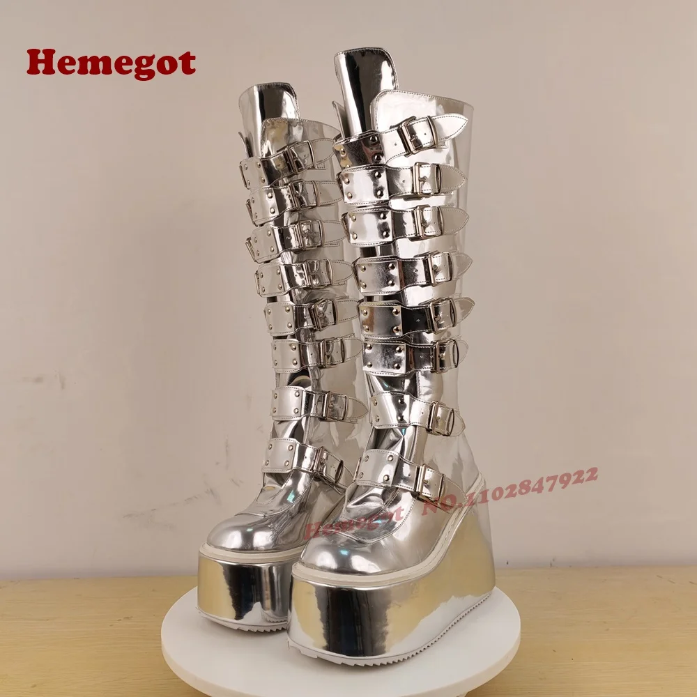 Silver Platform Belt-Buckled Boots Round Toe Wedges Metal Decor Women's Knee High Boots Glossy Gothic Punk Shoes Thick Soled view 2