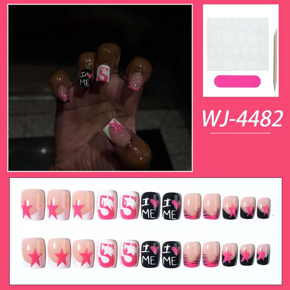 24 piezas uñas postizas cortas cuadradas con estampado de leopardo y blanco empolvado, con diseños de corazones, estrellas y viernes 5