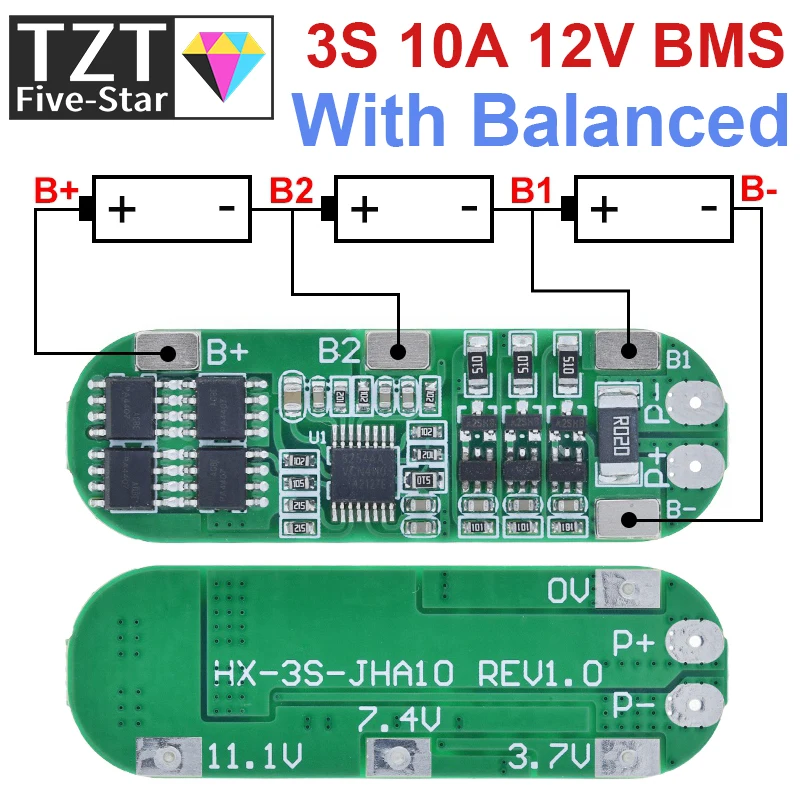 Tzt 3s 10a 12V Lithium-Batterie ladegerät Schutz platine für 11,1 Li-Ionen-Batterie zellen ladung bms 12,6 V V mit symmetrischem