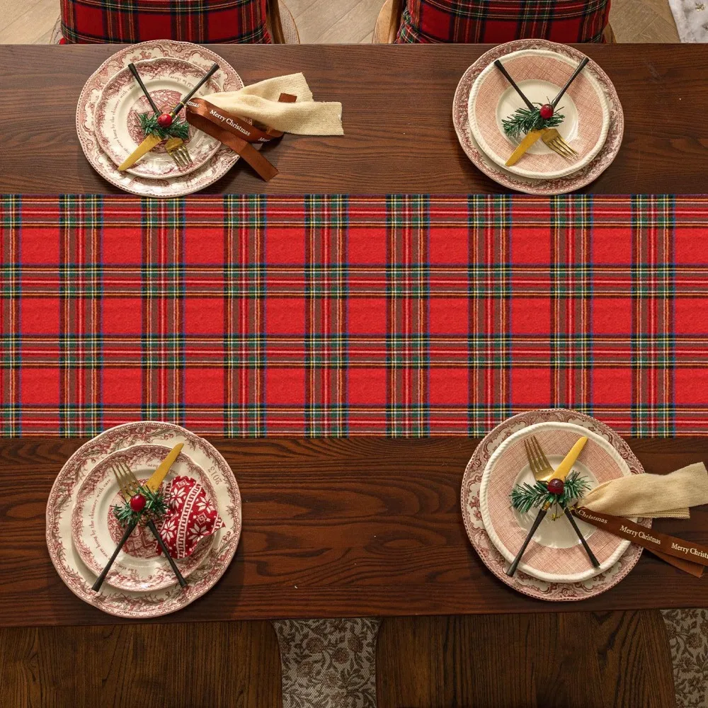 Household Plaid Pattern Christmas Table Runner Long Scottish Table Cover Multiple Sizes Polyester Cotton Tablecloth Event