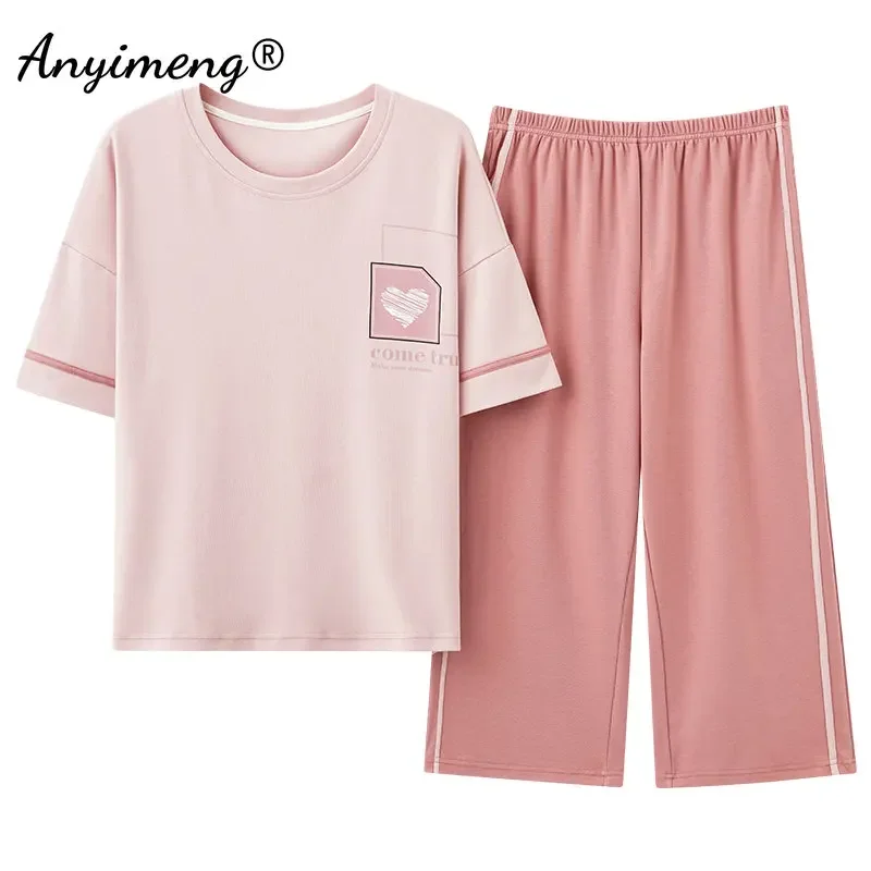 Summer Fashion Rabbit Printing 3XL Pink Sleepwear for Girls Soft Cotton Pajamas Women Pijama Short Sleeve Capri Pants Loungewear