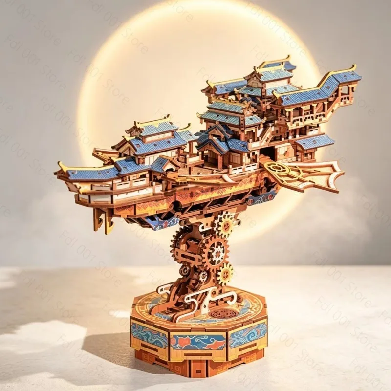 Wooden 3D Mechanical Transmission Puzzle DIY Assembly Ancient Building Model for Home Decoration Holiday Gift