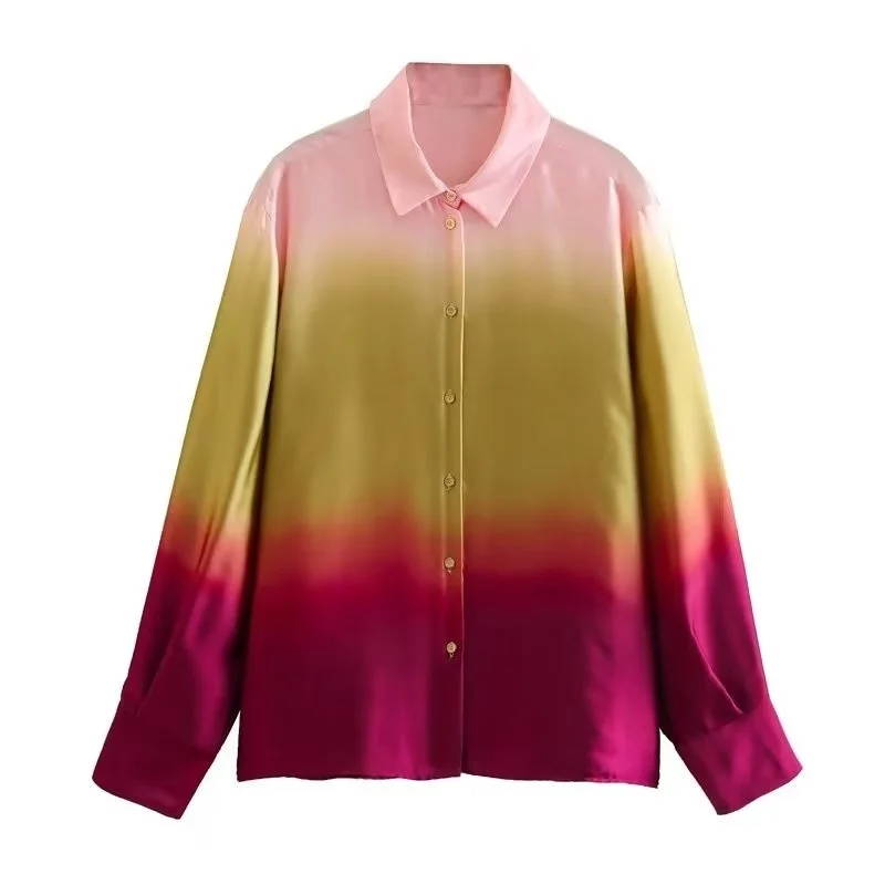 Faionable Tie Dye Print Lange Sve Kraag irt Lente Nieuwe Collectie Dameskleding Woon-werk Sle Pure Kleur Knop D...