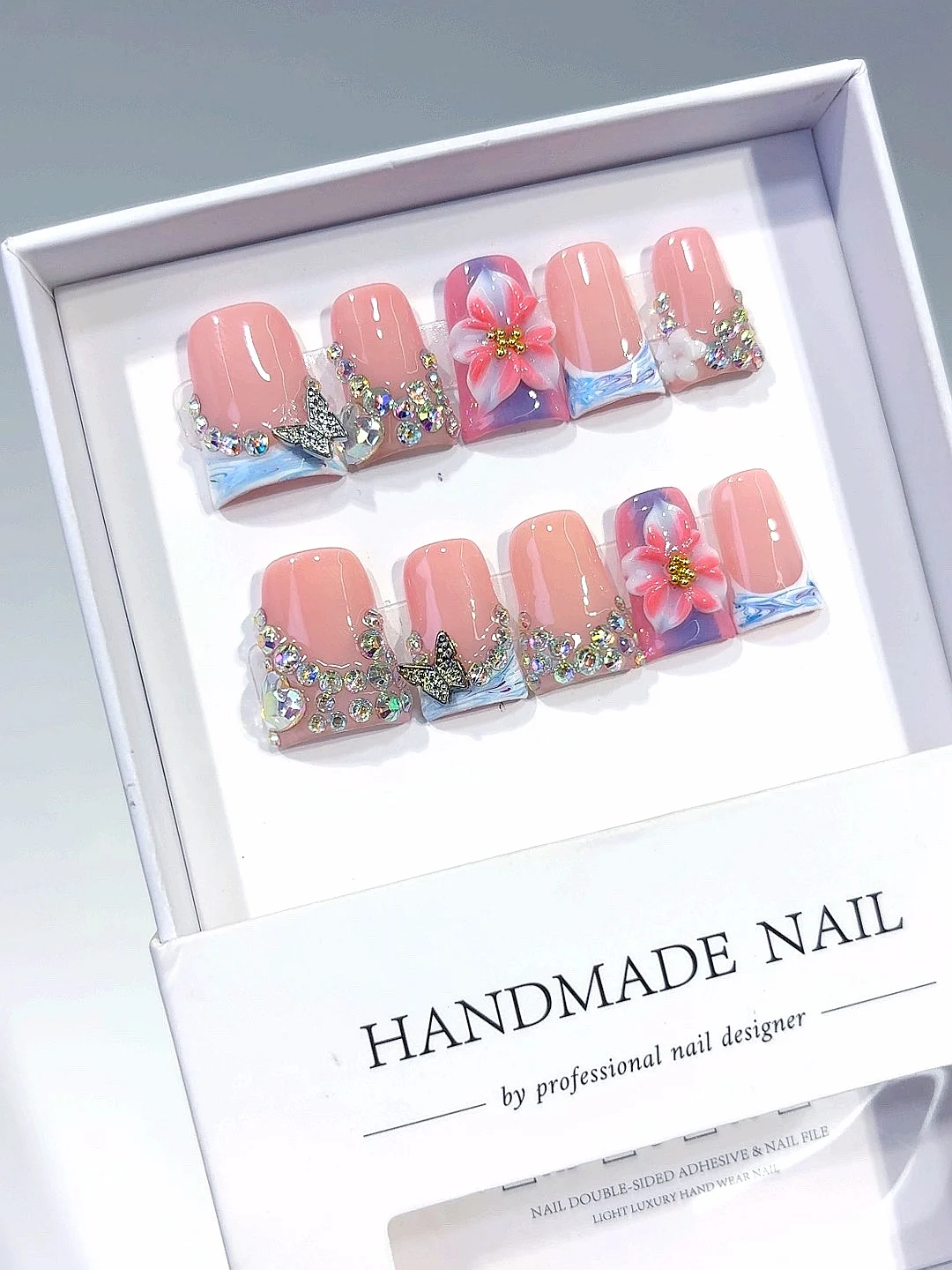 

Pink Blue Floral Butterfly Rhinestone Press on Nails（L223）