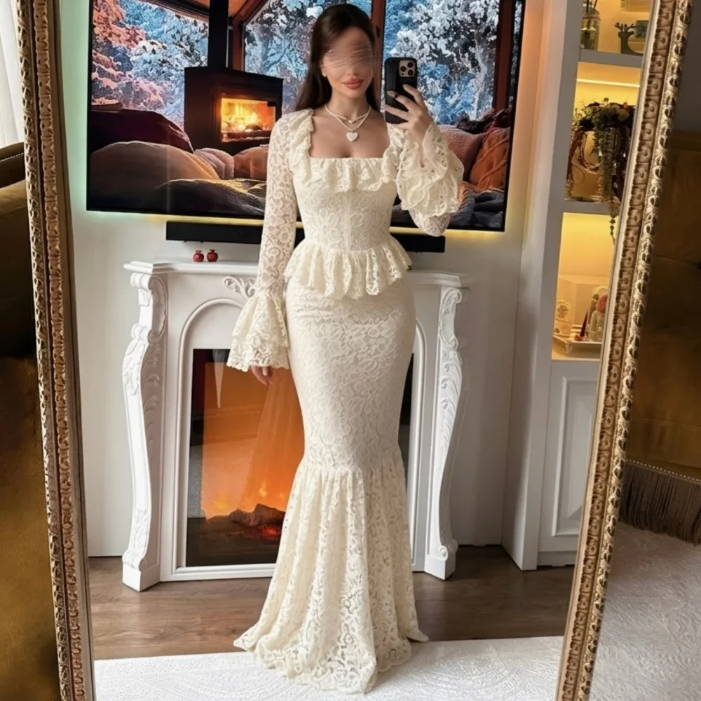 Maßgeschneidertes Elegantes Hochzeitskleid Spitze Quadratischer Ausschnitt Meerjungfrau Langes Kleid Hochwertige Formelle Abendgarderobe