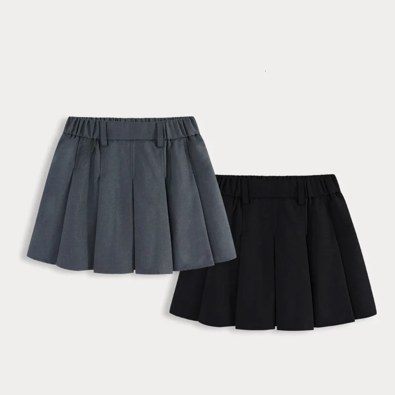 Teen Girls Wrinkle Free Pleated Skirt Grey Black Elastic Waist Kids Preppy School Uniform Daily Wear Back To School Outfit 4-12Y