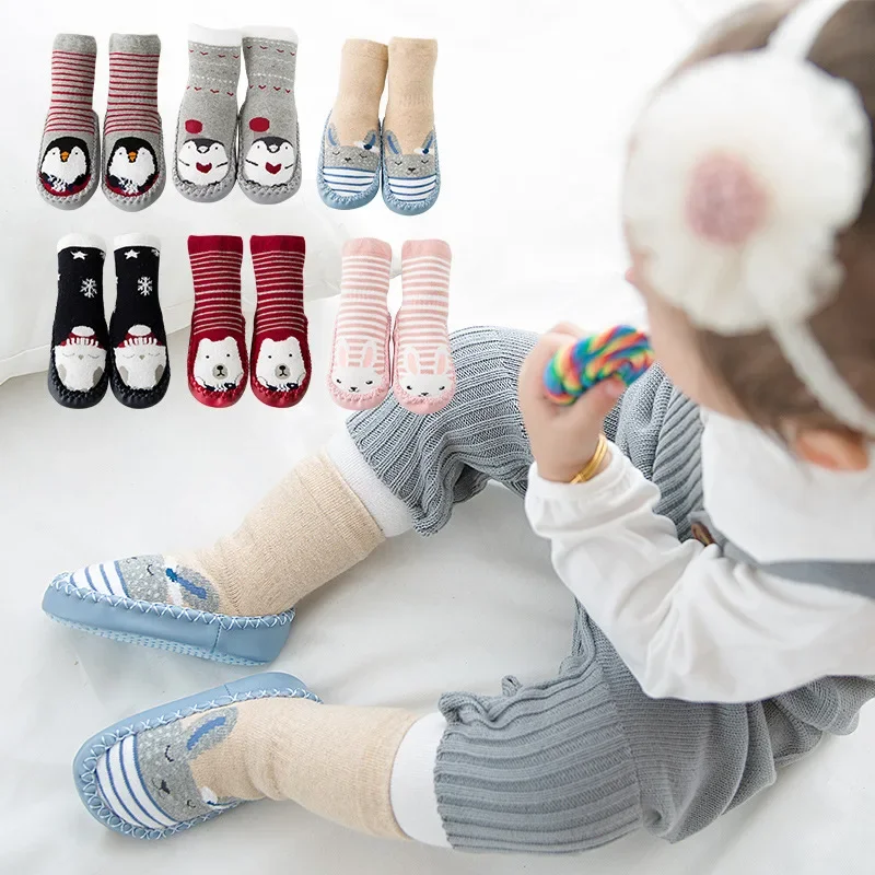 

Newborn Cartoon Baby Socks Boys Girls Toddler Anti-Skid Leather Bottom Floor Shoes