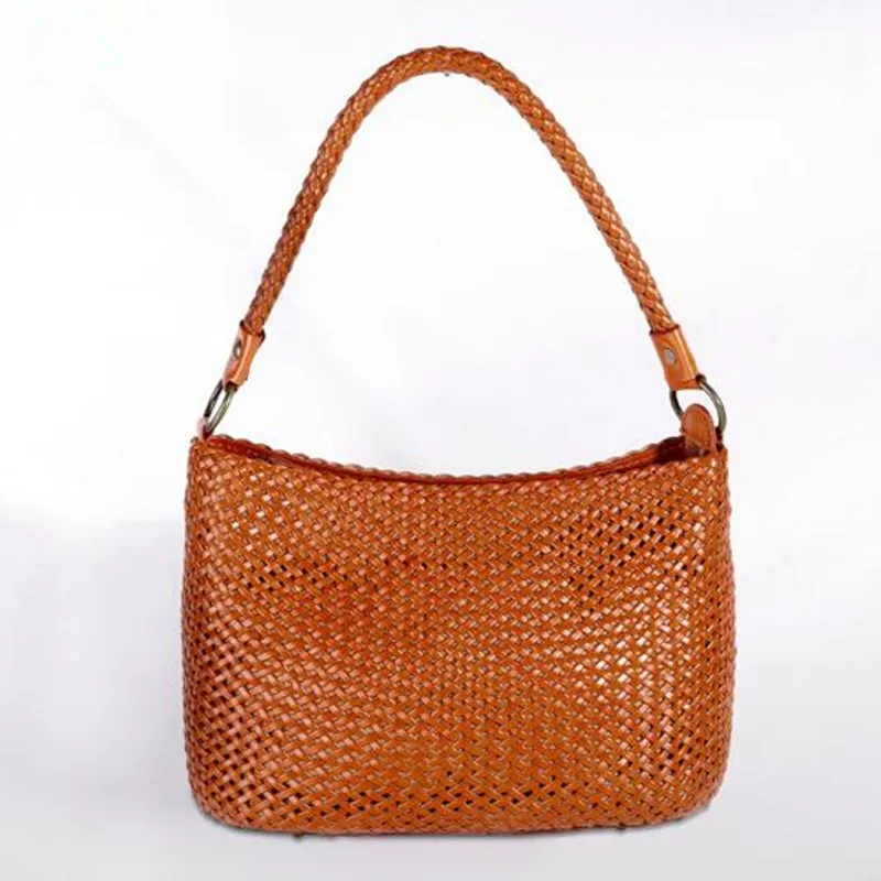 Ethnic style retro first layer cowhide woven women\'s bag imitation rattan large-capacity casual one-shoulder leather woven bag