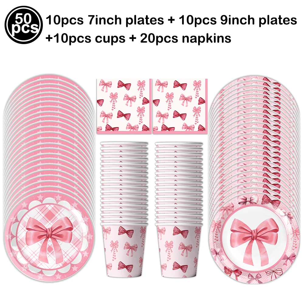 Pink Bow Party Supplies Girls Baby Shower Party Coquette Themed Birthday Decorations Bowknot Tableware Set Plates Napkin Cups