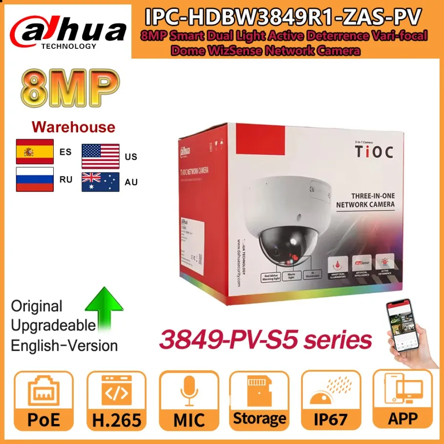 Dahua IP Camera 8MP IPC-HDBW3849R1-ZAS-PV S5 Series IR POE Smart Dual Light 5X Zoom Dome WizSense Network Camera Built in Mic