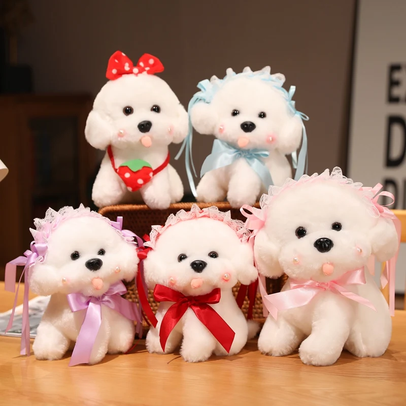 

20/25cm Cute White Bichon Frise Stuffed Ribbon Dog Plush Toy Simulation Pet Fluffy Baby Puppy Doll Birthday Children Gift