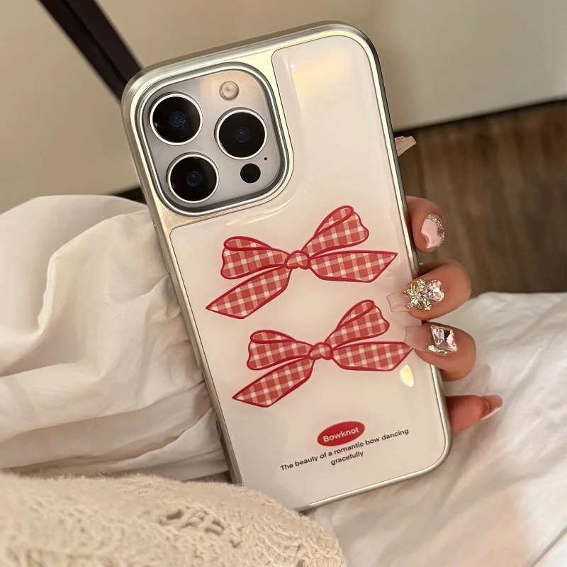 

Red plaid bow suitable for Apple15promaxPhone caseiphone16Epoxy17Huawei14Temperament