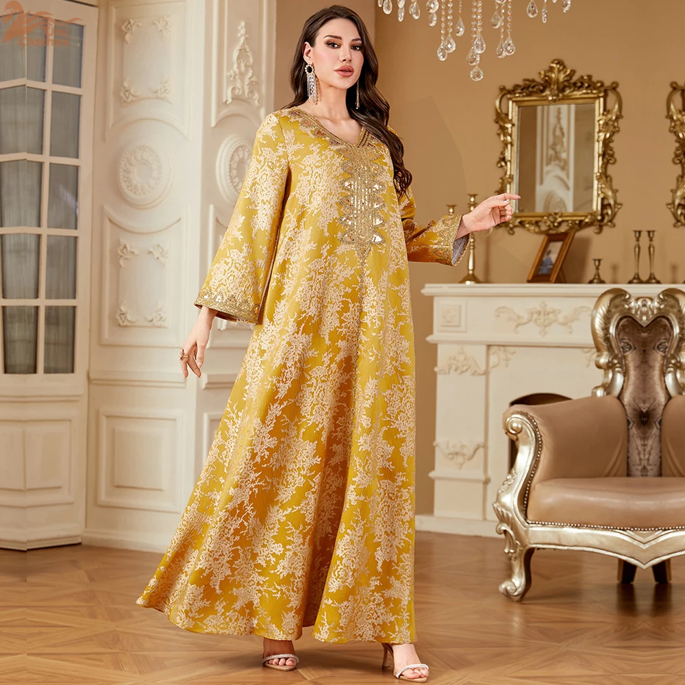 

Fashion Summer Ethnic Floral Print Long Dress Muslim Vintage V-Neck Lace Tape Dress Eid Mubarak Sequins Clothing Women Dress ﻿