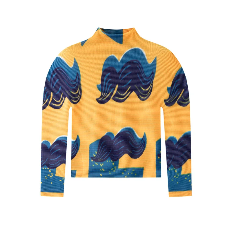 

Miyake High-End Women's Printting Pleated T-shirt High Elastic Slim Fit Elegant Stylish Long Sleeves Pullover Tops