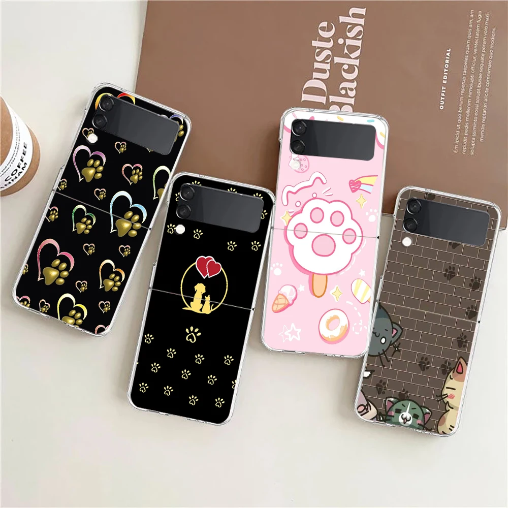 Phone Cover For Samsung Galaxy Z Flip 6 5 4 Case Transparent For Samsung Z Flip 3 Hard PC Foldable Shell Cute Cat Dog High Five