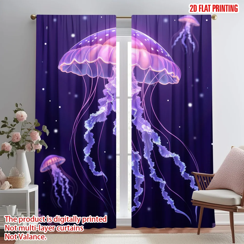 

2D flat printing 2pcs Drapes Glowing Purple Jellyfish Digital Printed Polyester Drapes All Season Party & Holiday Decor for Home
