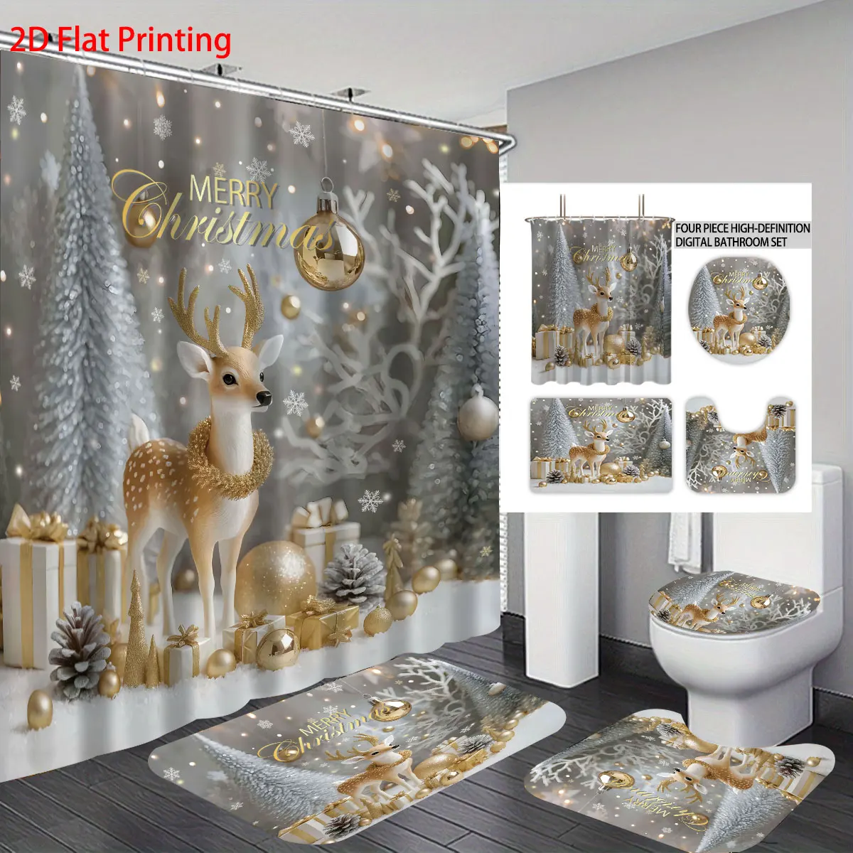 

4pcs Christmas reindeer white printed bathroom set, 180x180 waterproof shower curtain, floor mat, U-shaped mat, toilet seat mat