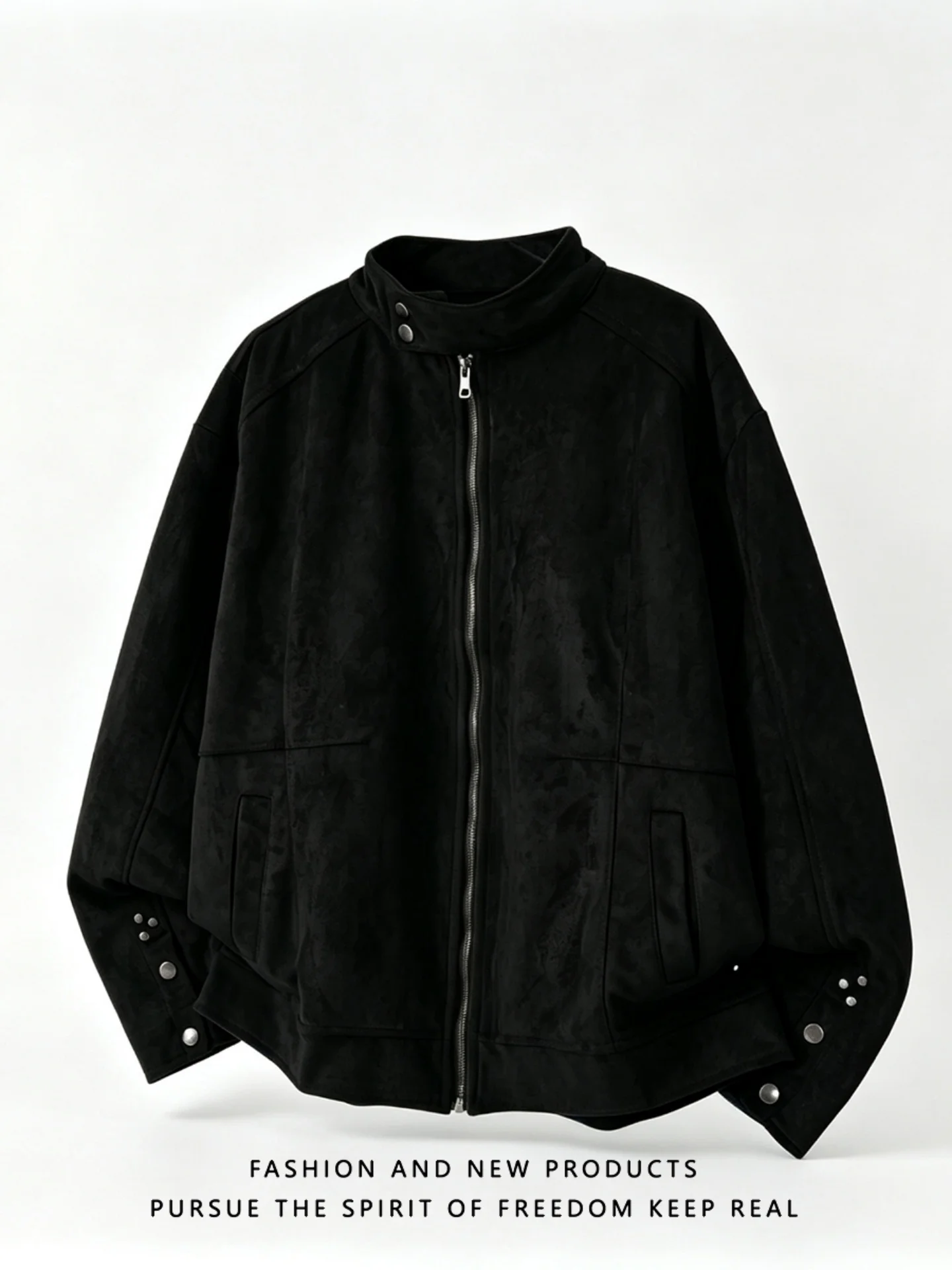 American Style Heavyweight Stand Collar Faux Suede Jacket Men's Trendy Design Rivet Loose Motorcycle Jacket Autumn Season